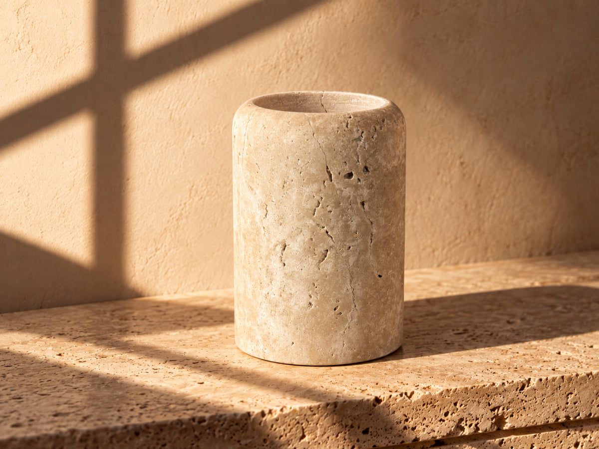 Natural Travertine Soap Dispenser – toothbrush holder hero