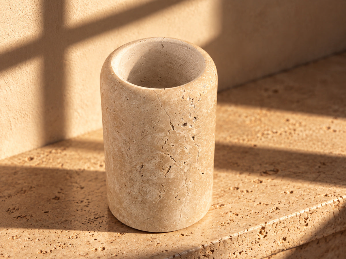 Natural Travertine Soap Dispenser – toothbrush holder elevated angle