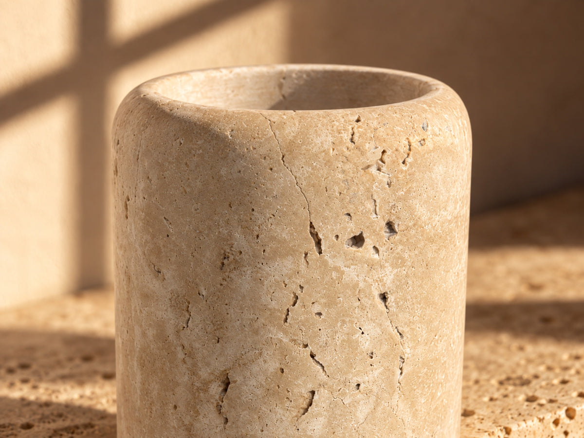 Natural Travertine Soap Dispenser – toothbrush holder stone detail