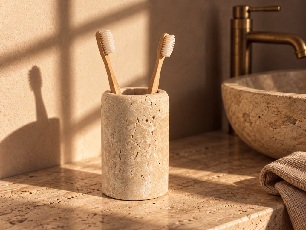 Natural Travertine Soap Dispenser – toothbrush holder bathroom use