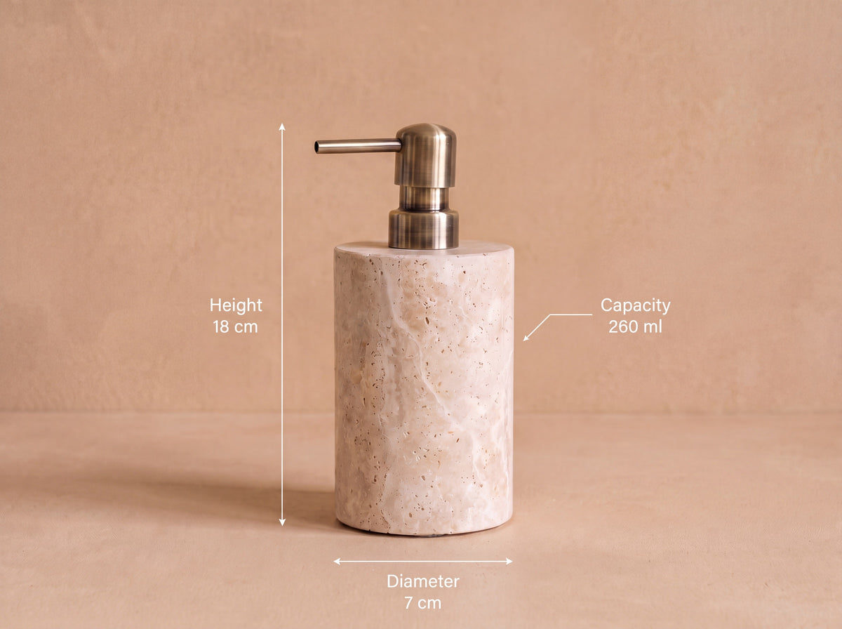 Travertine soap dispenser shown straight on with measurement labels reading 18 cm height, 7 cm diameter and 260 ml capacity.