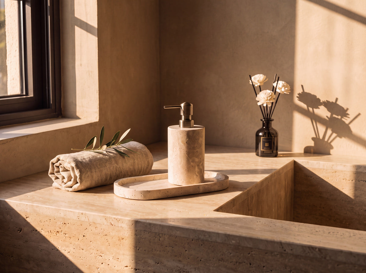 Travertine dispenser and oval tray on a wide travertine bathtub ledge with a rolled linen towel and an olive stem.