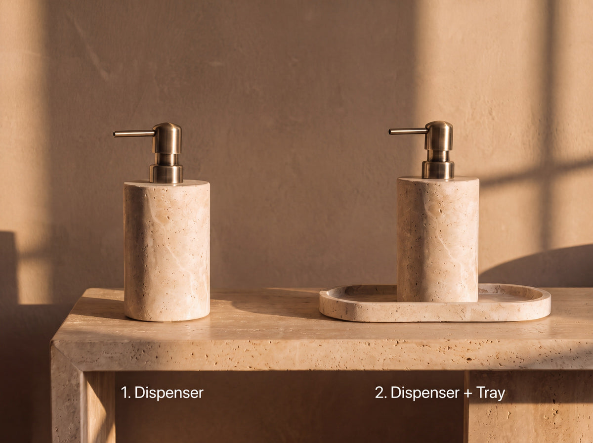 Two purchase options side by side: the dispenser alone, and the dispenser with the oval travertine tray.