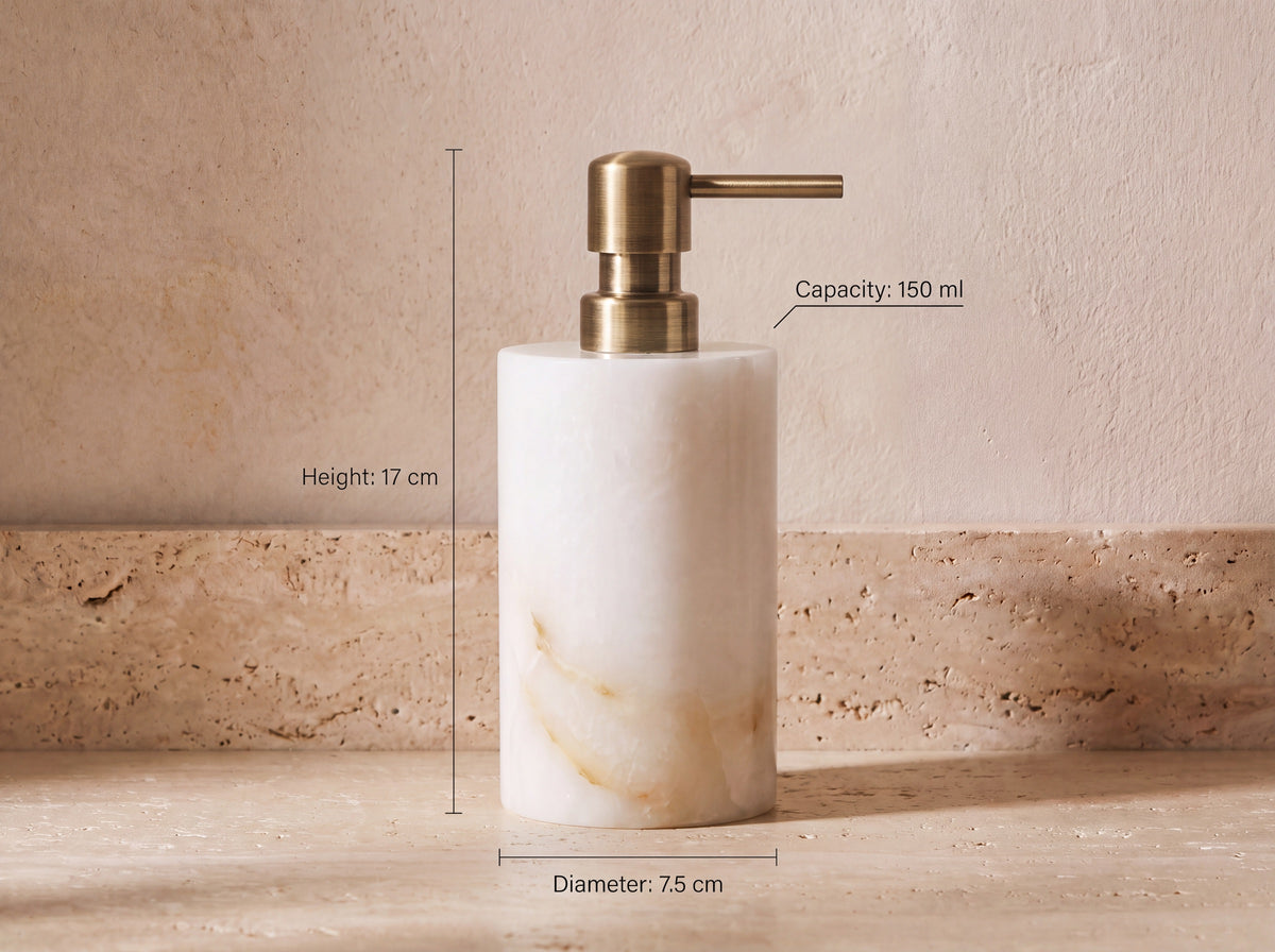 White jade soap dispenser annotated with Height 17 cm, Diameter 7.5 cm, and Capacity 150 ml.