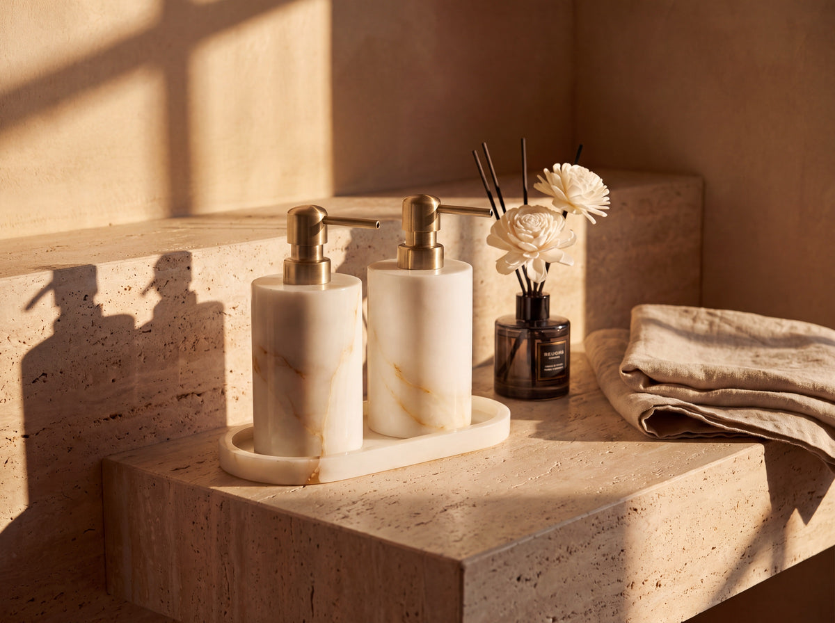 Natural White Jade Bathroom Set with Gold Pumps – hero set