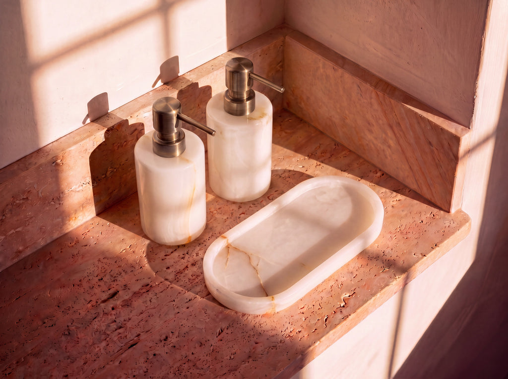 Natural White Jade Bathroom Set with Gold Pumps – topdown set v4