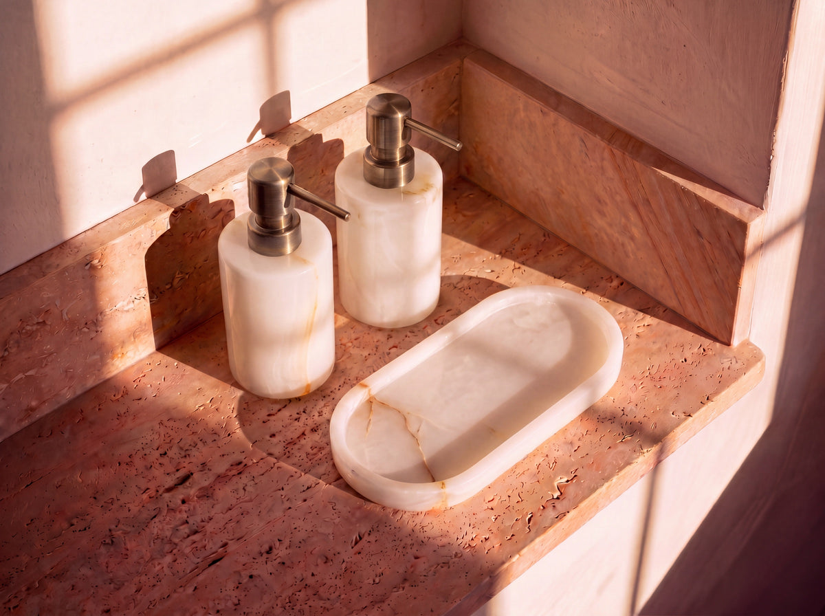Natural White Jade Bathroom Set with Gold Pumps – topdown set v4