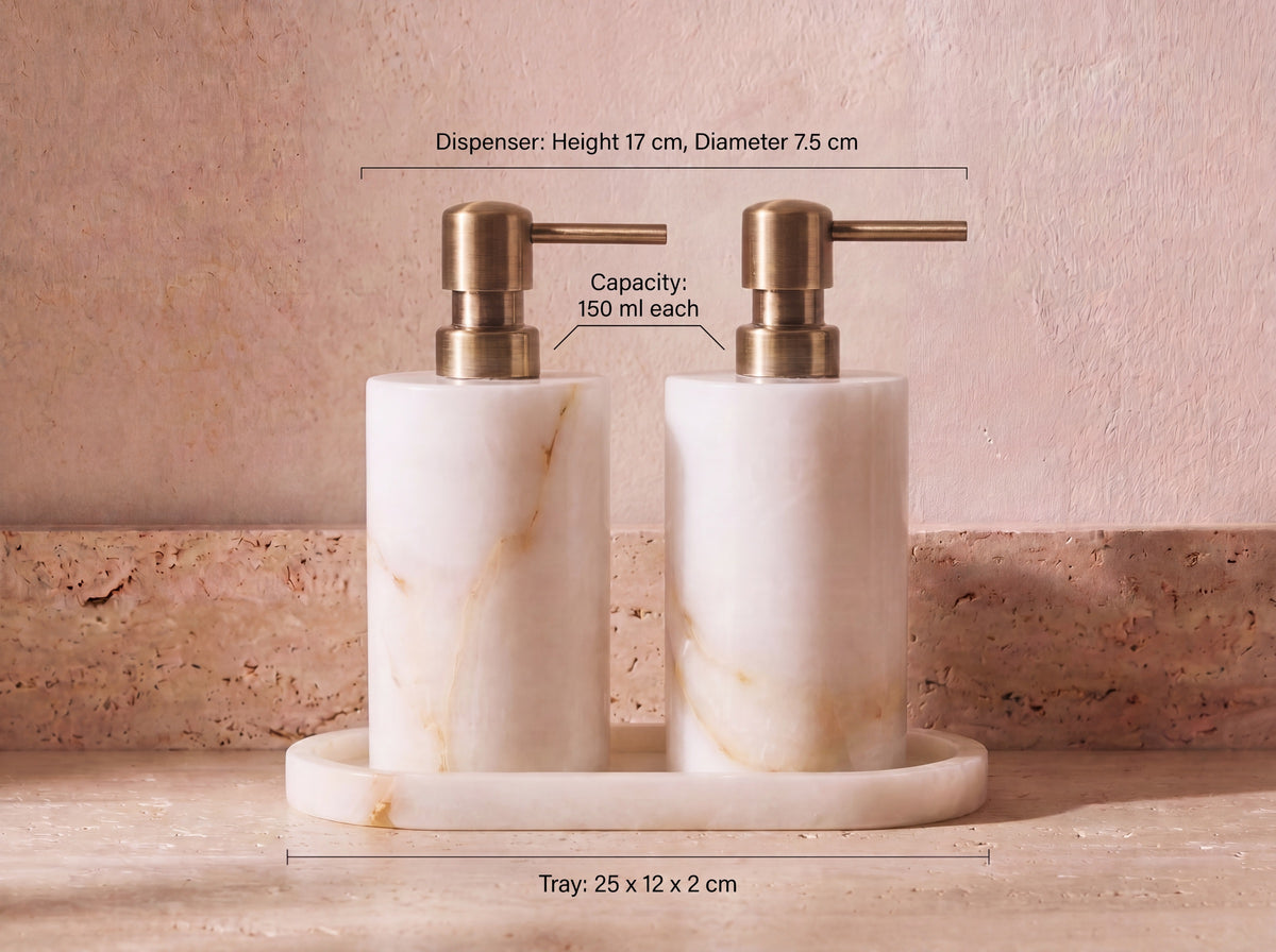 Natural White Jade Bathroom Set with Gold Pumps – dimensions set v3 tall