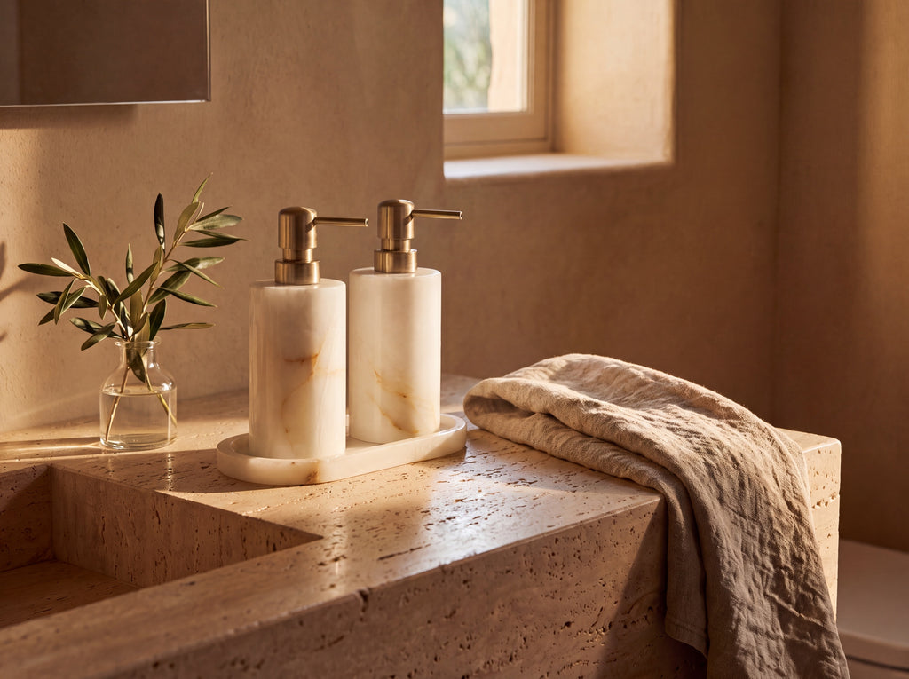 Natural White Jade Bathroom Set with Gold Pumps – lifestyle set