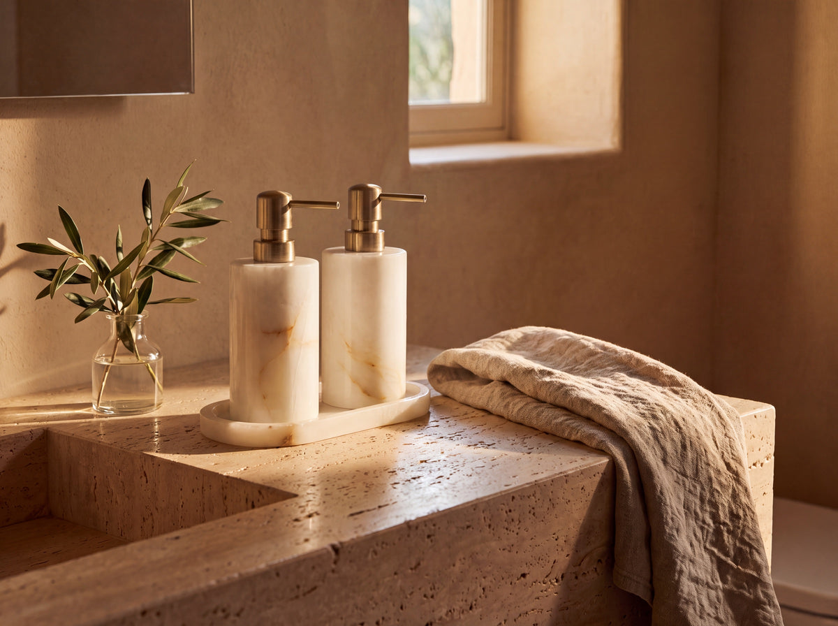 Natural White Jade Bathroom Set with Gold Pumps – lifestyle set