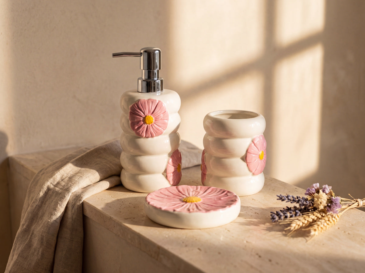 White stacked-ring porcelain soap dispenser, holder and soap dish with sculpted pink flowers on a travertine ledge in golden sunlight.