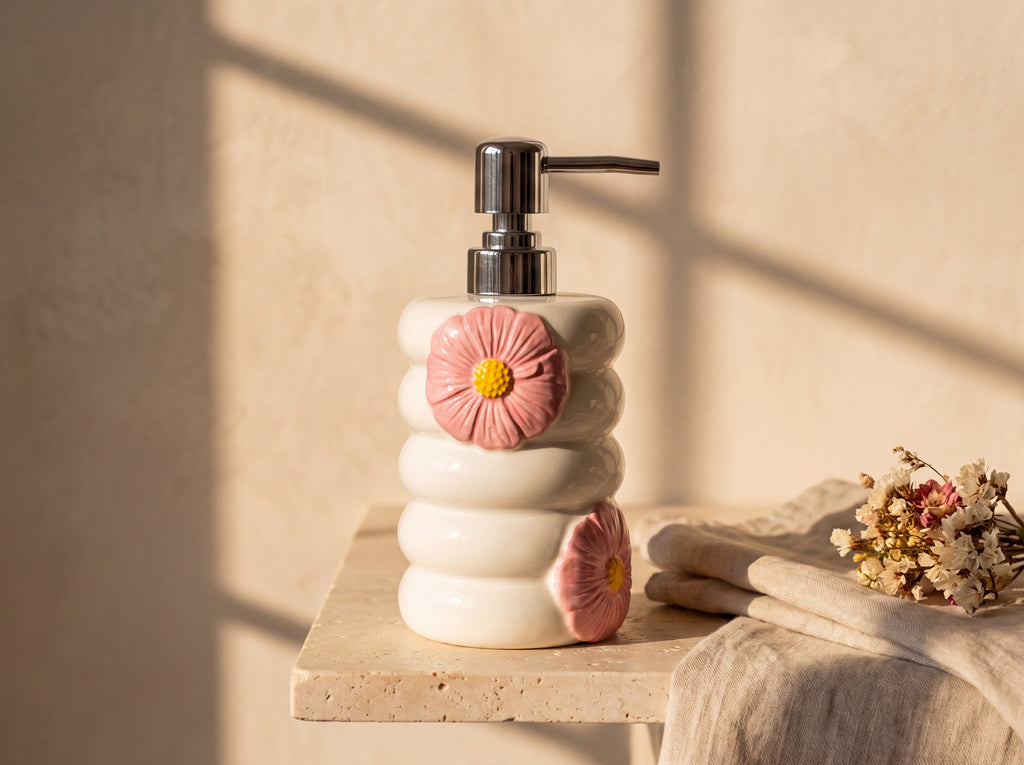 Glossy white bubble-ring porcelain soap dispenser with a raised pink flower and chrome pump on a stone ledge.