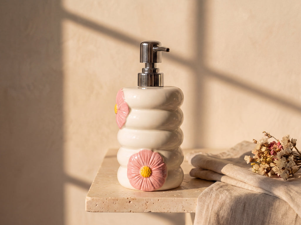 Side view of the porcelain soap dispenser showing the second sculpted pink flower wrapping the lower rings.