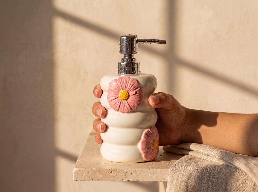 A hand holding the 18 cm porcelain soap dispenser to show its size.
