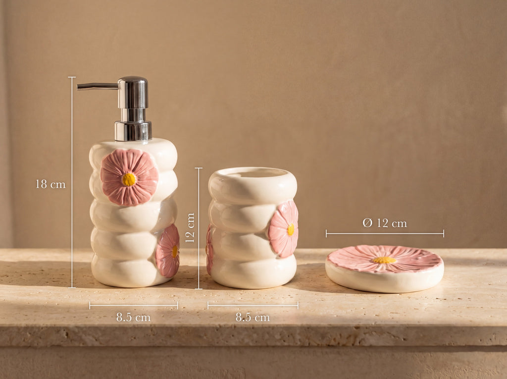 Dimensions: dispenser 18 cm tall and 8.5 cm wide, holder 12 cm tall and 8.5 cm wide, soap dish 12 cm diameter.
