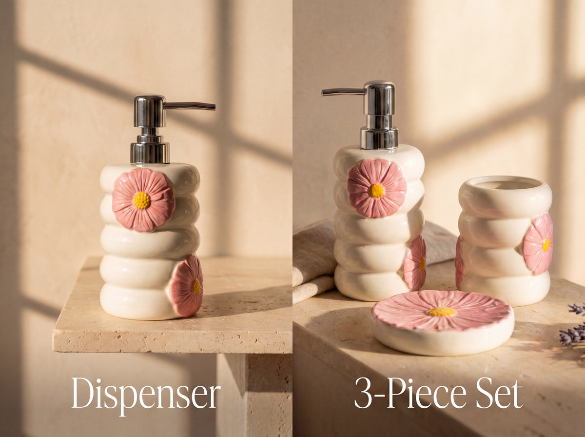 Two options side by side: the porcelain dispenser alone and the 3-piece set with holder and soap dish.