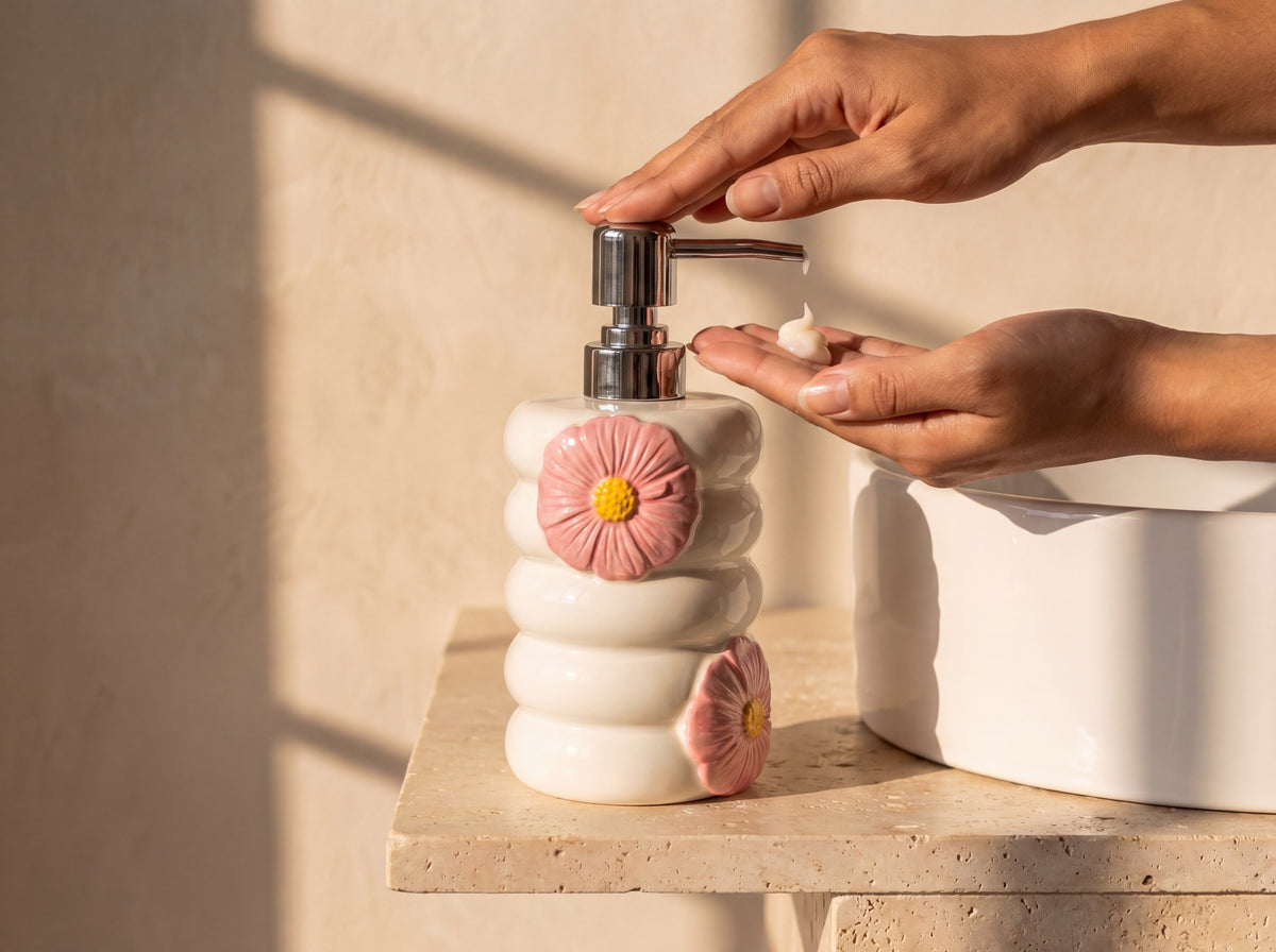 A hand pressing the chrome pump of the flower soap dispenser beside a white basin, soap in the other palm.