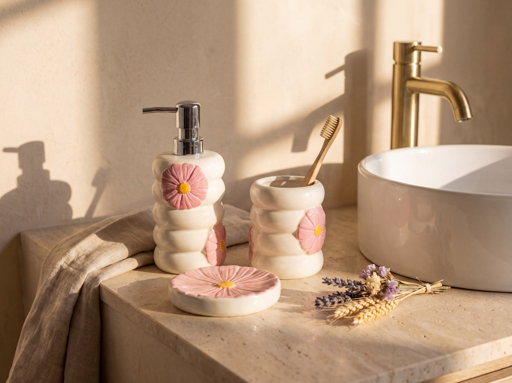 Pink flower bathroom set on a travertine vanity with a bamboo toothbrush, bar soap, white basin and brass tap.