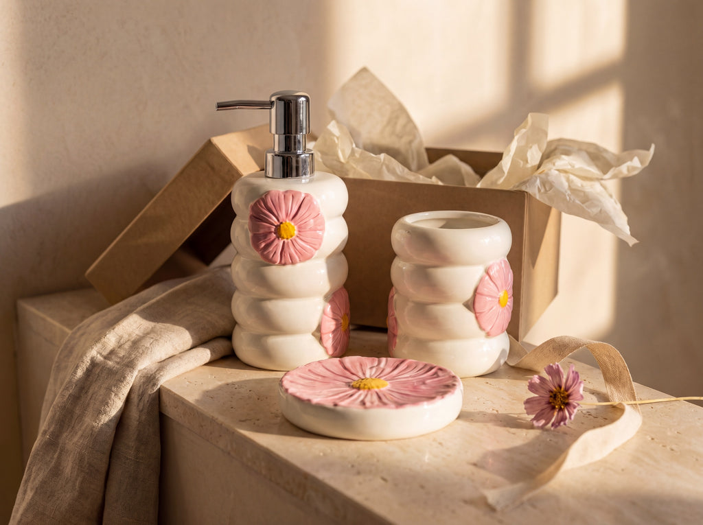 Pink flower porcelain bathroom set beside an open kraft gift box with tissue paper and ribbon.