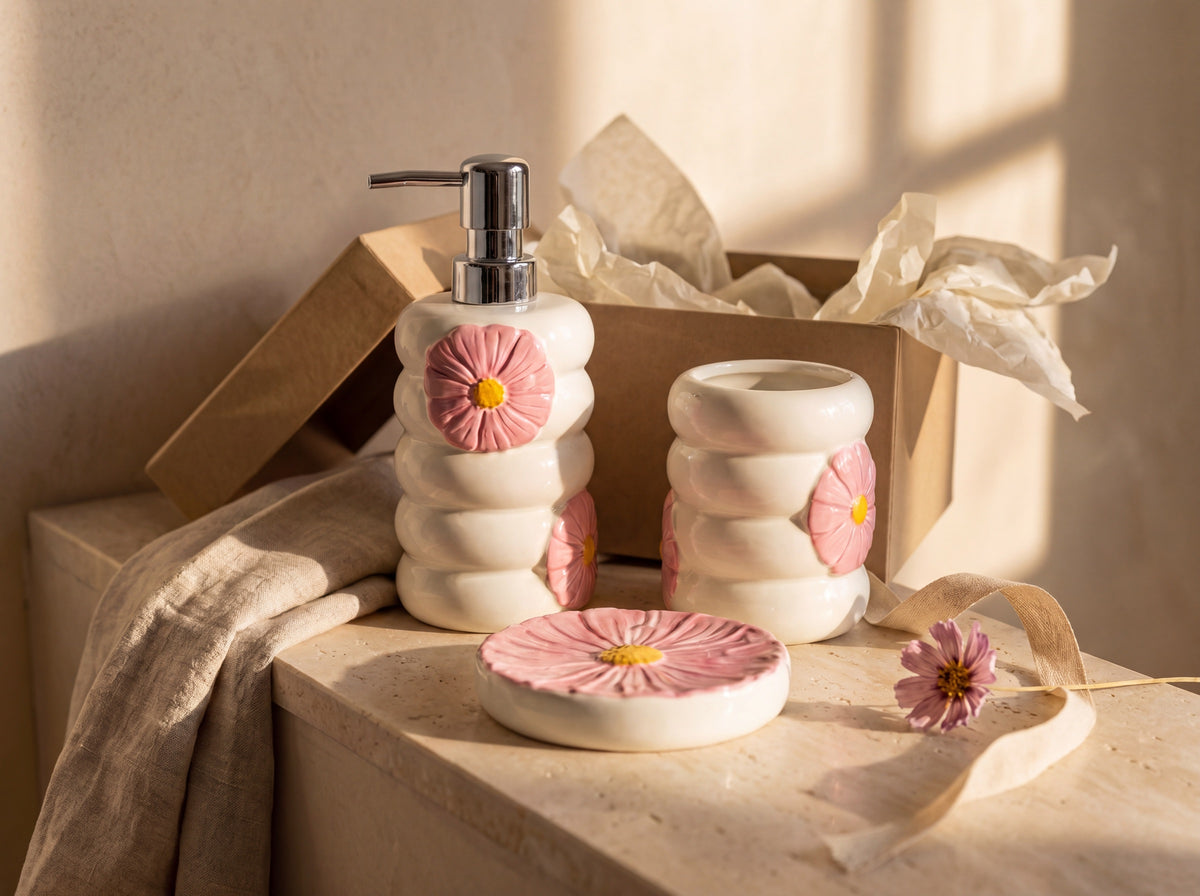 Pink flower porcelain bathroom set beside an open kraft gift box with tissue paper and ribbon.