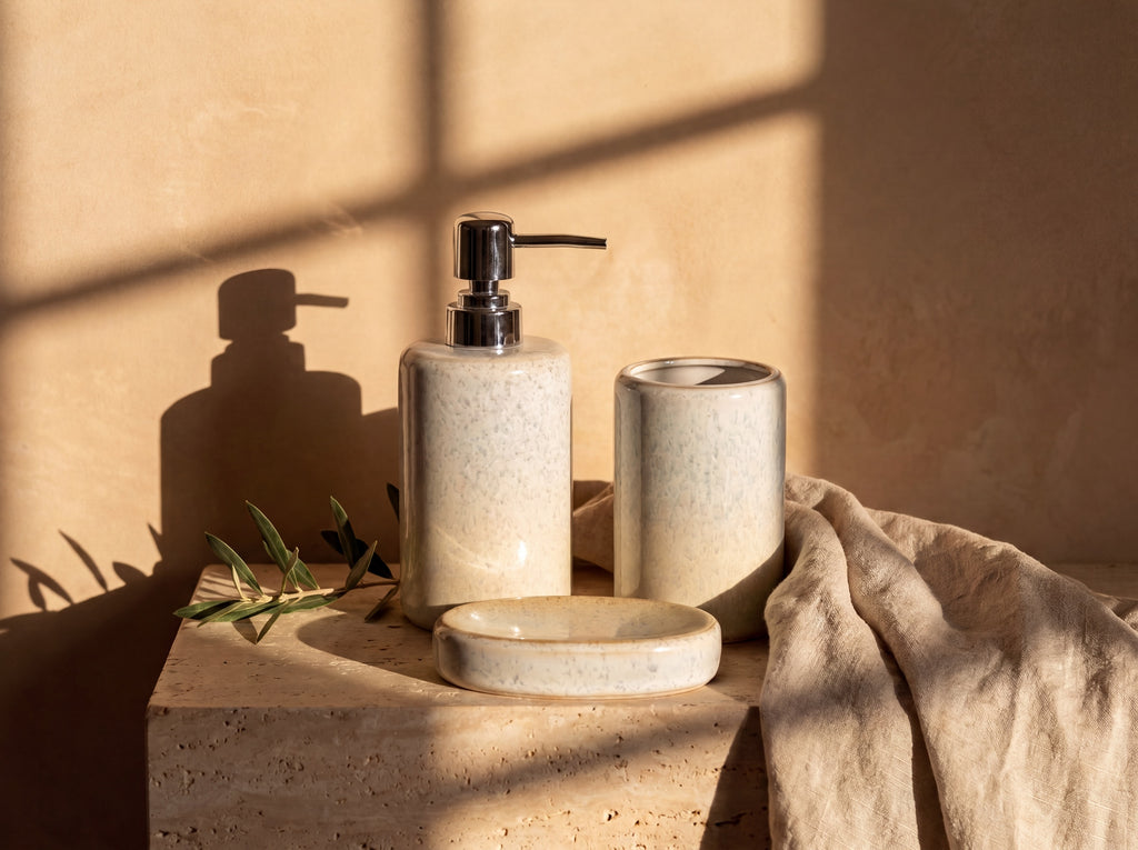 Reactive speckled glaze ceramic soap dispenser, holder and oval soap dish grouped on a travertine ledge in warm sunlight.