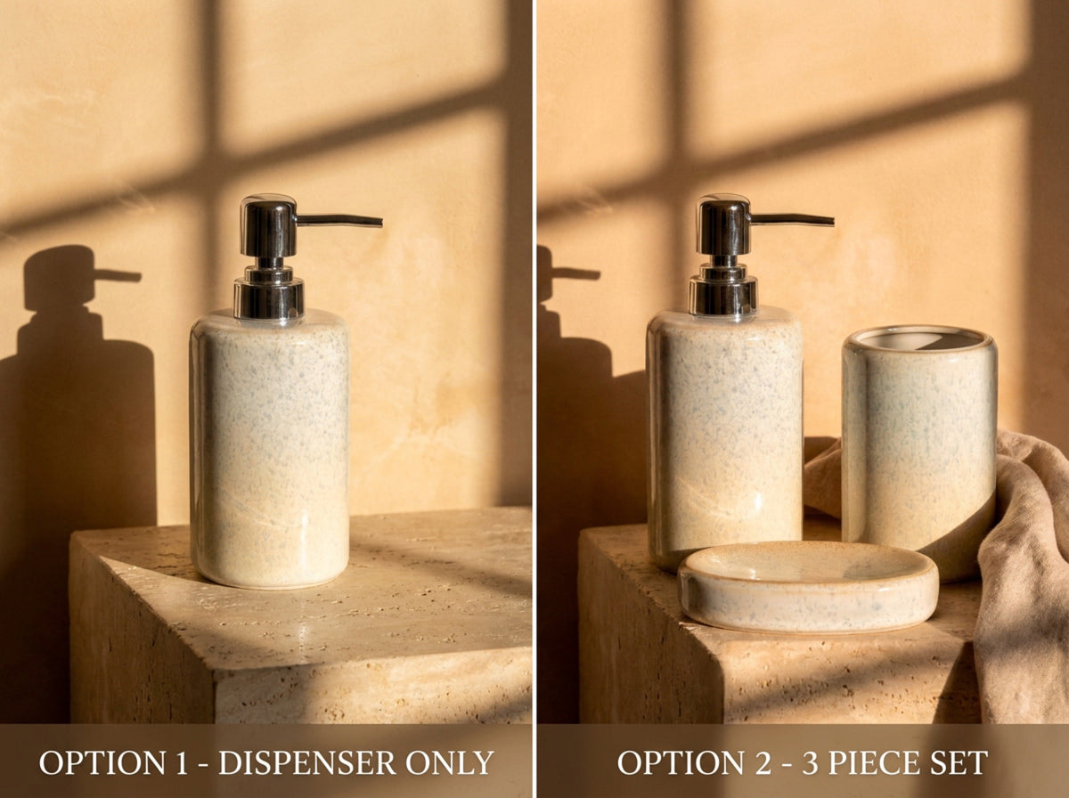 Side by side comparison of the two options: the ceramic pump dispenser alone, and the full three-piece bath set.