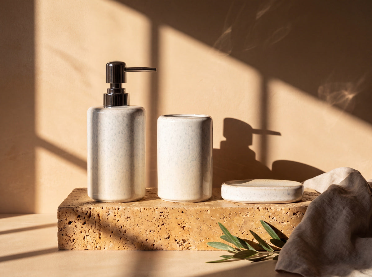 Front view of the speckled ceramic bath set lined up, showing the relative heights of dispenser, holder and soap dish.