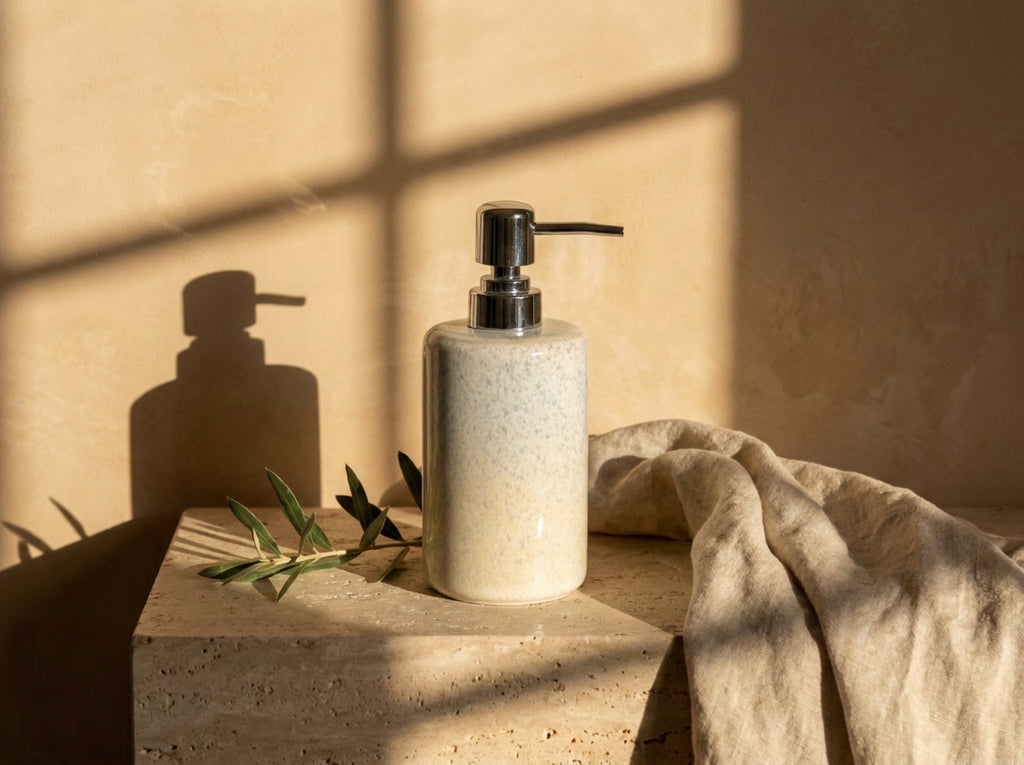 Cream and grey speckled glaze ceramic soap dispenser with chrome pump, standing alone on warm stone.