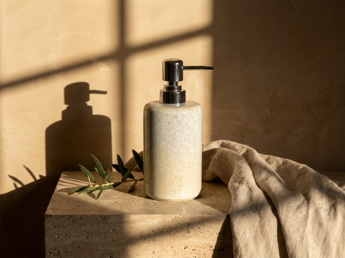 Three-quarter view of the ceramic soap dispenser showing the fluted chrome collar and angled lever spout.