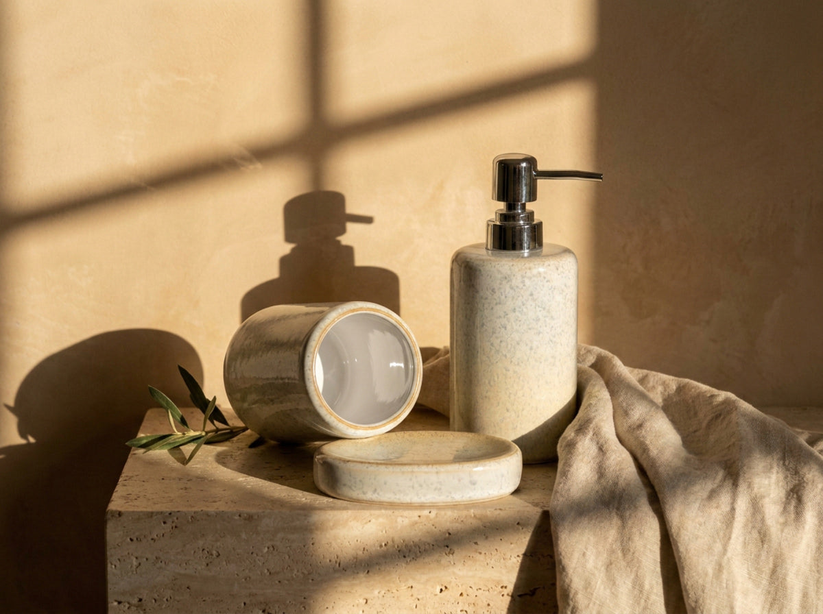 Close up of the holder's caramel rim and glossy white interior beside the oval soap dish's rounded rim.