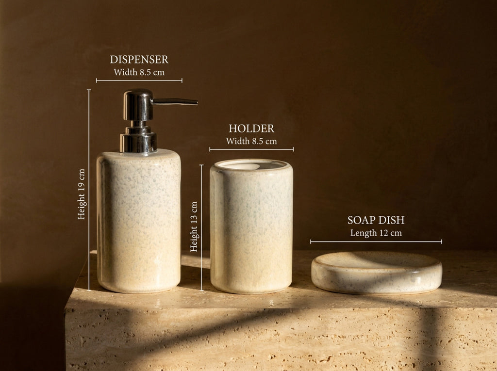 Measurement diagram of the ceramic bath set: dispenser 19 cm tall, holder 13 cm tall, soap dish 12 cm long.
