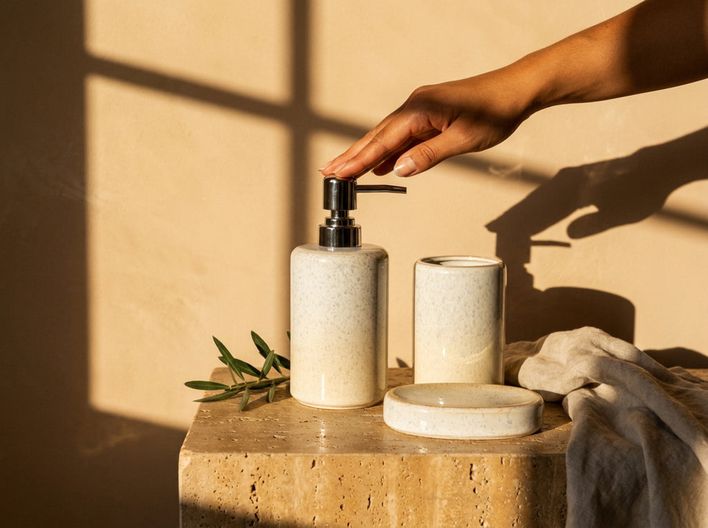 A hand resting on the chrome pump of the ceramic soap dispenser, showing the real size of the bath set.