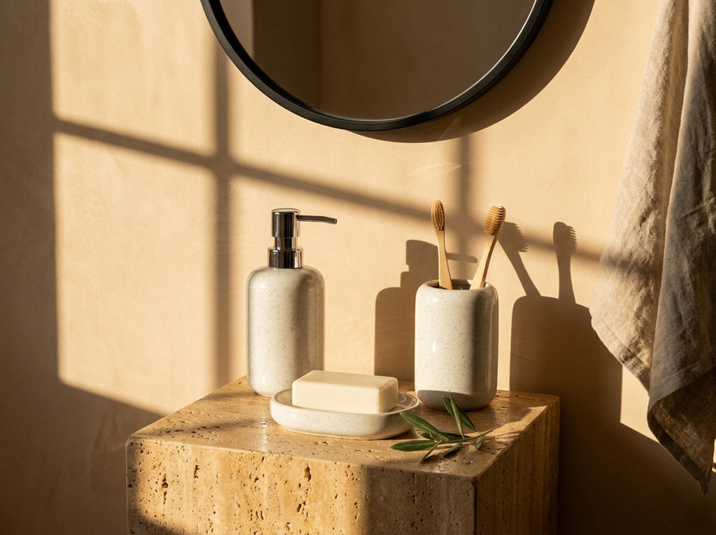 The ceramic bath set on a bathroom vanity with a soap bar in the dish and toothbrushes in the holder.