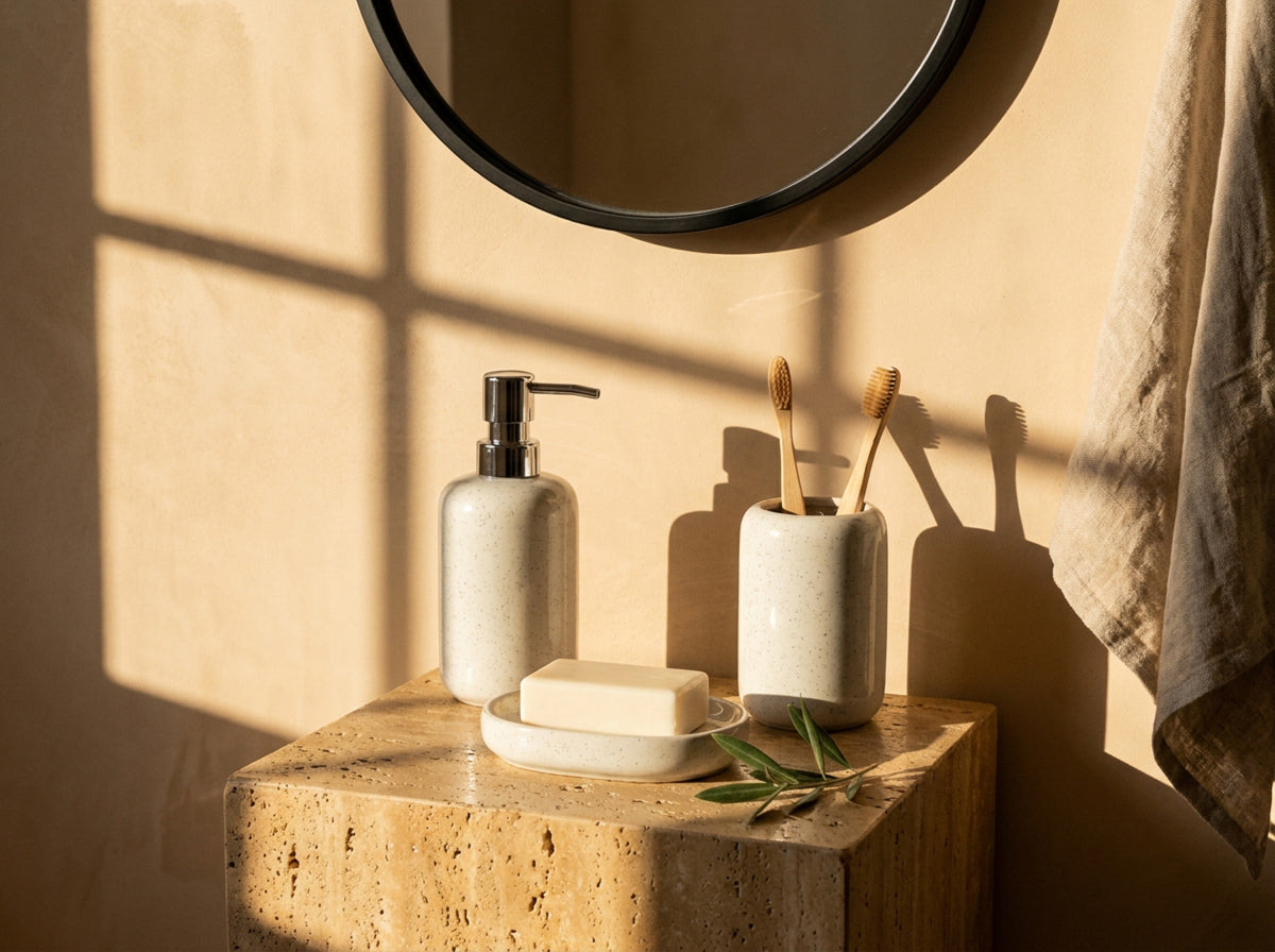 The ceramic bath set on a bathroom vanity with a soap bar in the dish and toothbrushes in the holder.