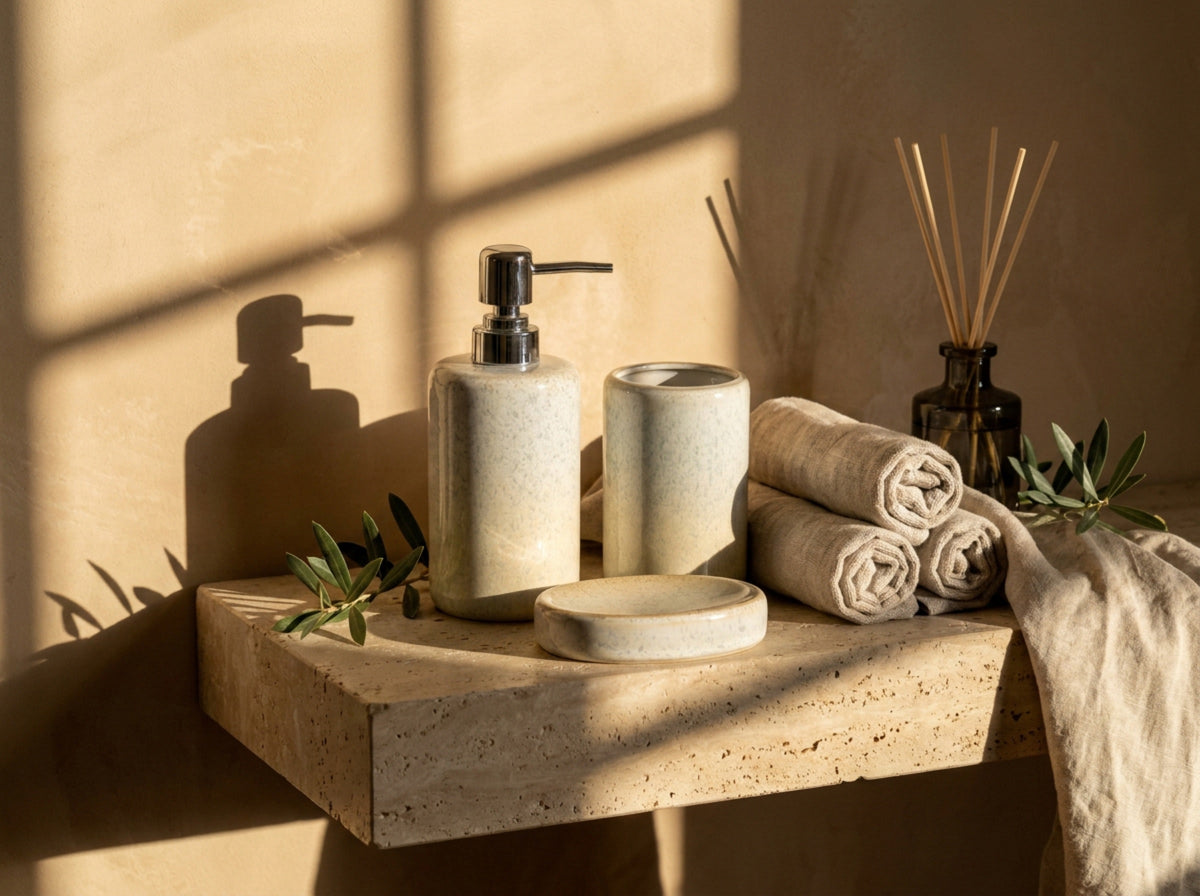 The three-piece ceramic bath set arranged on a floating stone shelf with rolled linen towels.