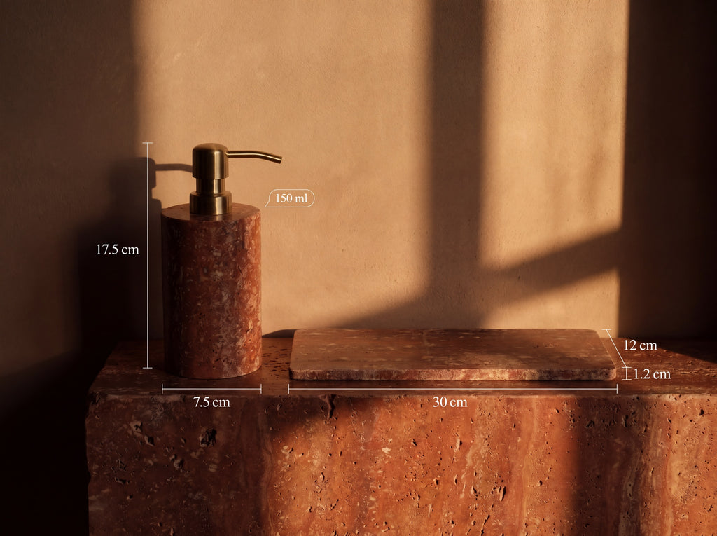 Red travertine dispenser and tray annotated with measurements: 17.5 cm tall, 7.5 cm wide, 150 ml capacity, tray 30 by 12 by 1.2 cm