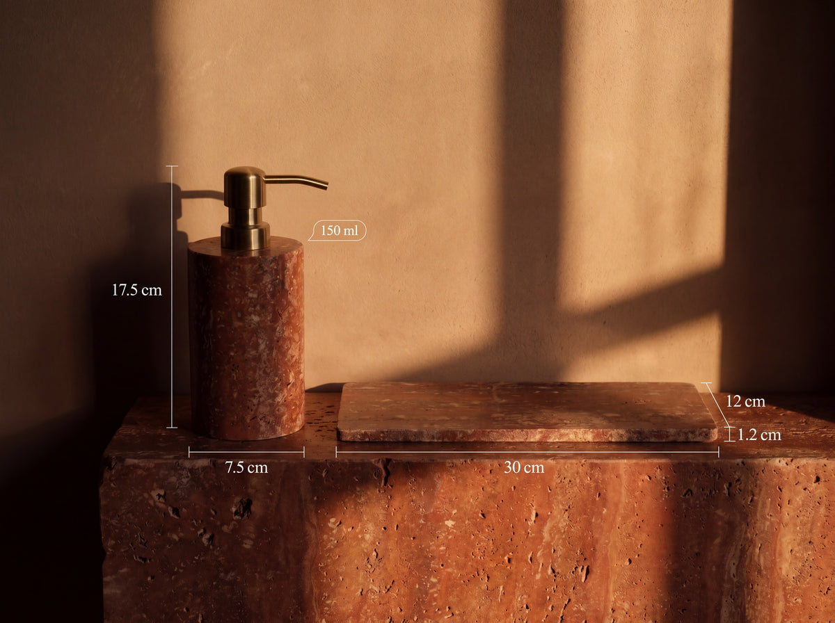 Red travertine dispenser and tray annotated with measurements: 17.5 cm tall, 7.5 cm wide, 150 ml capacity, tray 30 by 12 by 1.2 cm