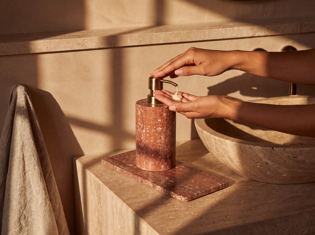 Woman pressing the brass pump of a red travertine dispenser at a stone bathroom vanity, dispensing lotion into her palm