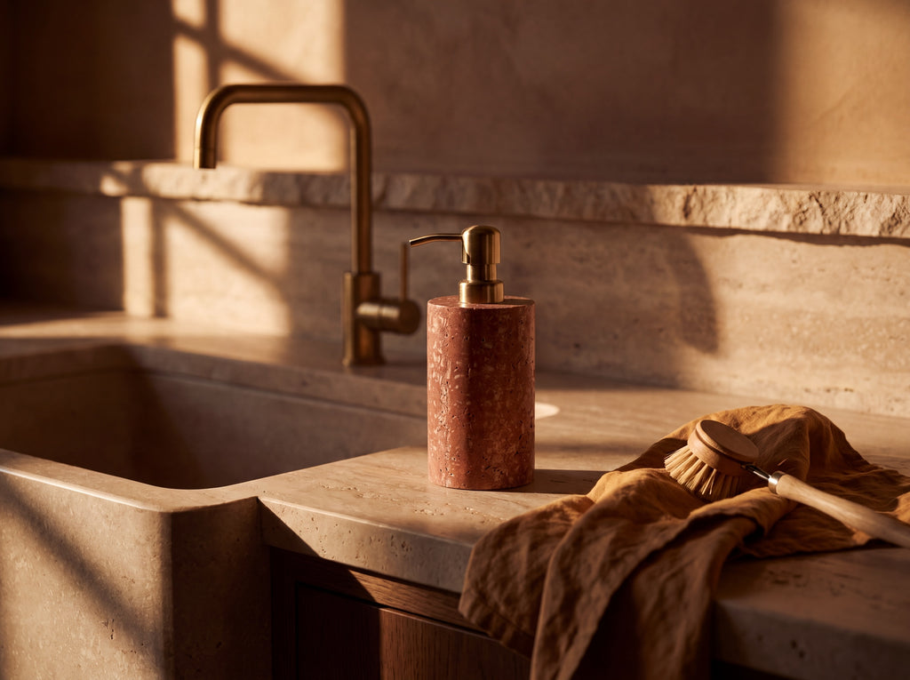 Red travertine soap dispenser beside a stone farmhouse sink on a travertine kitchen counter with a brass faucet behind