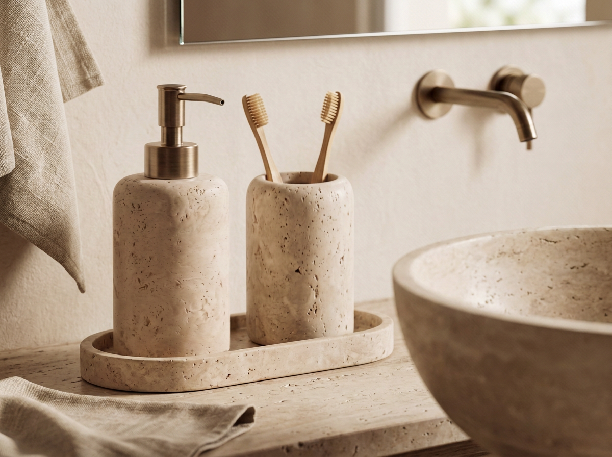 Natural Travertine Soap Dispenser with Tray & Holder