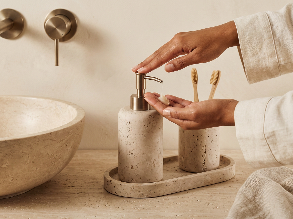 Natural Travertine Soap Dispenser with Tray & Holder