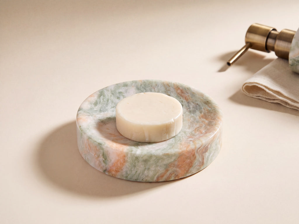 Round polished marble soap dish with its shallow recessed well, holding a cream soap bar