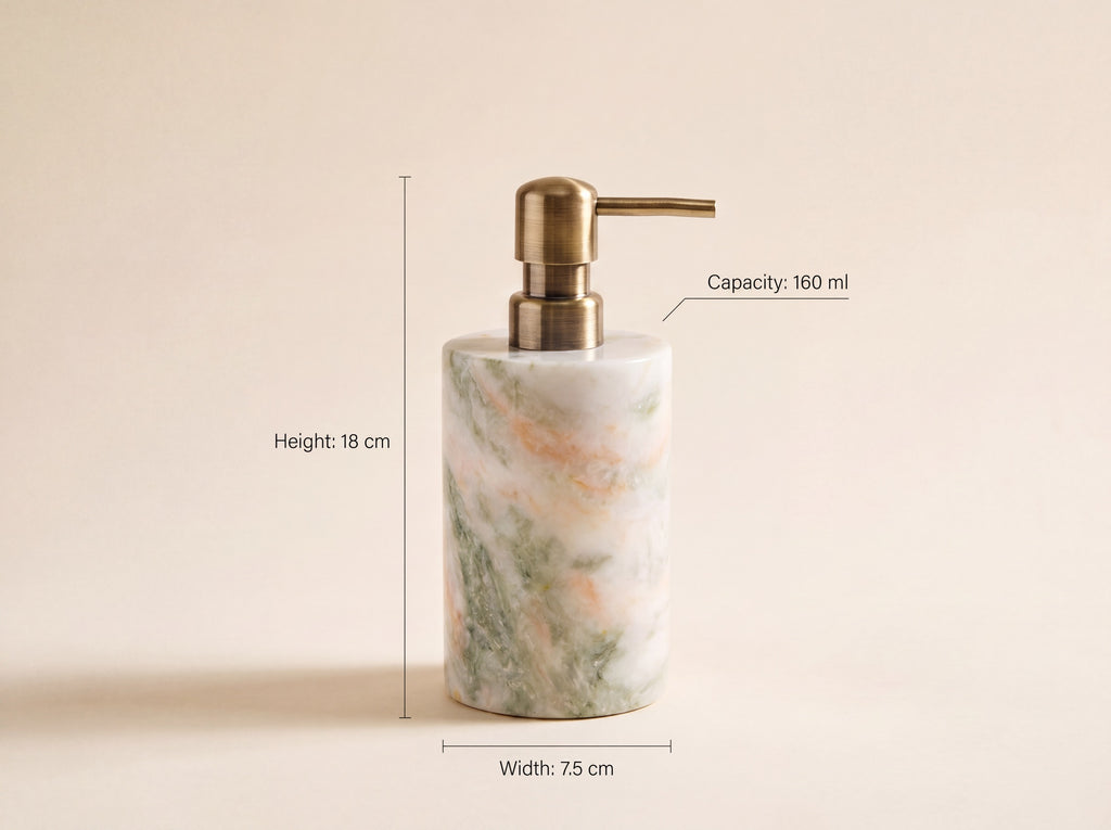 Marble soap dispenser labelled with Height 18 cm, Width 7.5 cm and Capacity 160 ml
