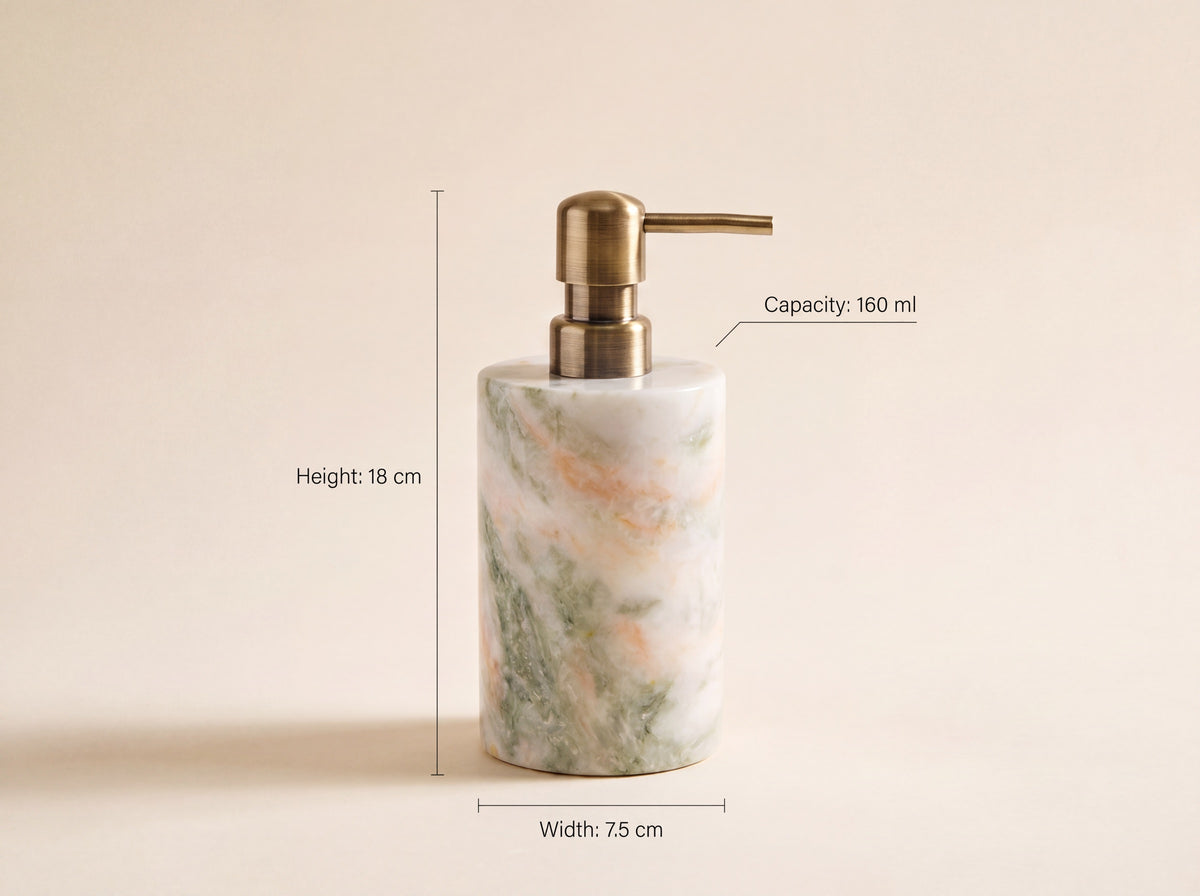 Marble soap dispenser labelled with Height 18 cm, Width 7.5 cm and Capacity 160 ml