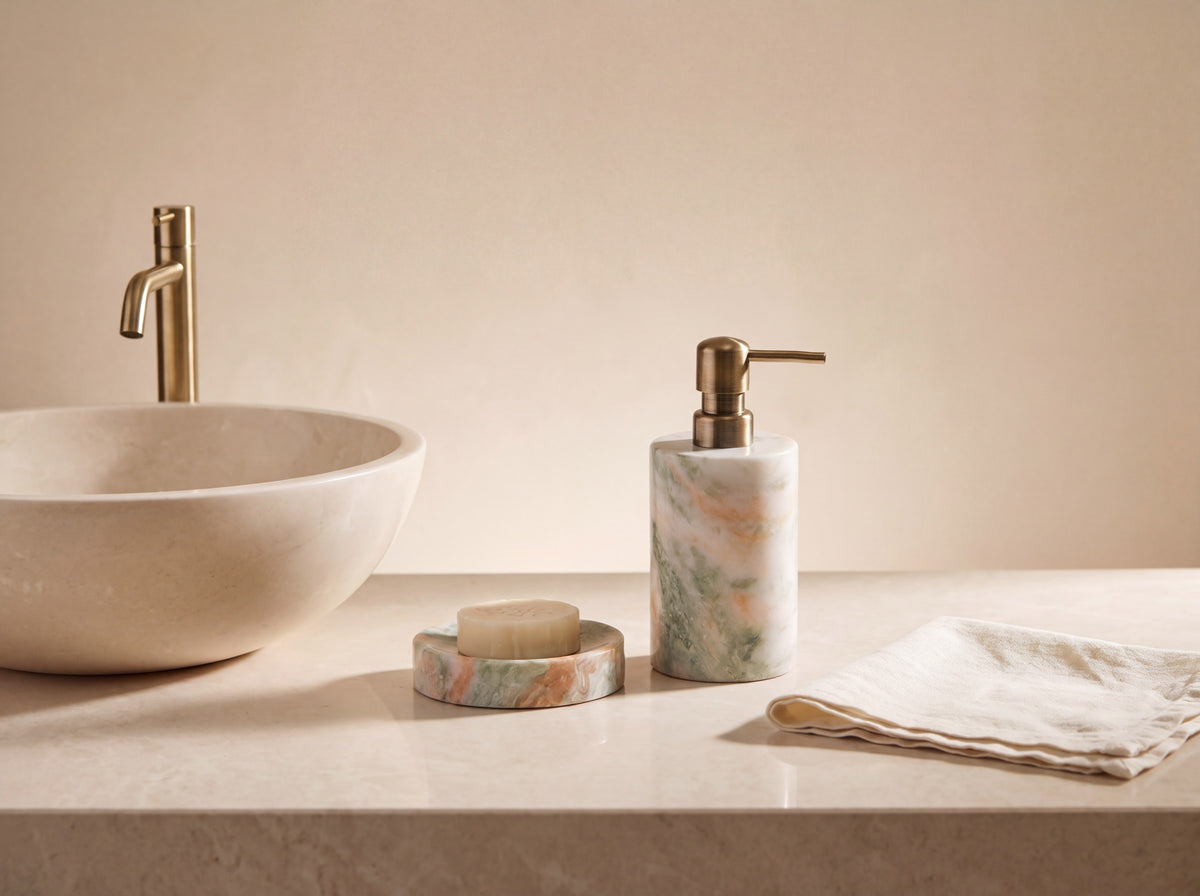 Marble dispenser and soap dish on a bathroom vanity beside a cream stone basin and brass tap