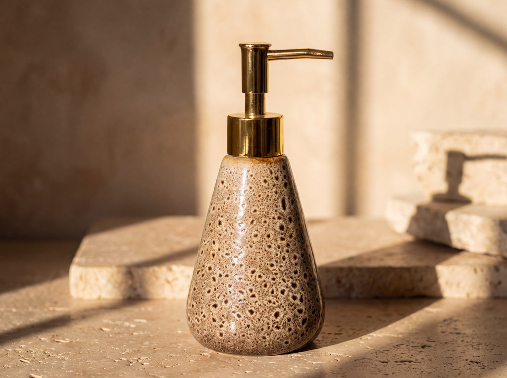 Close up of the polished gold pump head, round collar and angled spout on the spotted ceramic dispenser.
