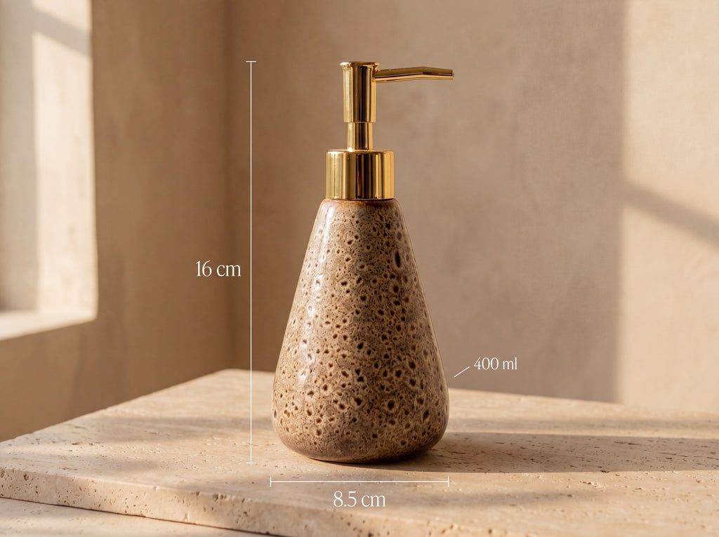 Dimensions of the ceramic soap dispenser: 16 cm tall, 8.5 cm wide, 400 ml capacity.