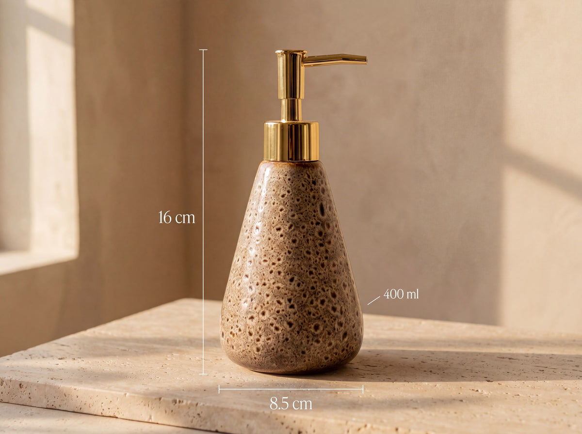 Dimensions of the ceramic soap dispenser: 16 cm tall, 8.5 cm wide, 400 ml capacity.