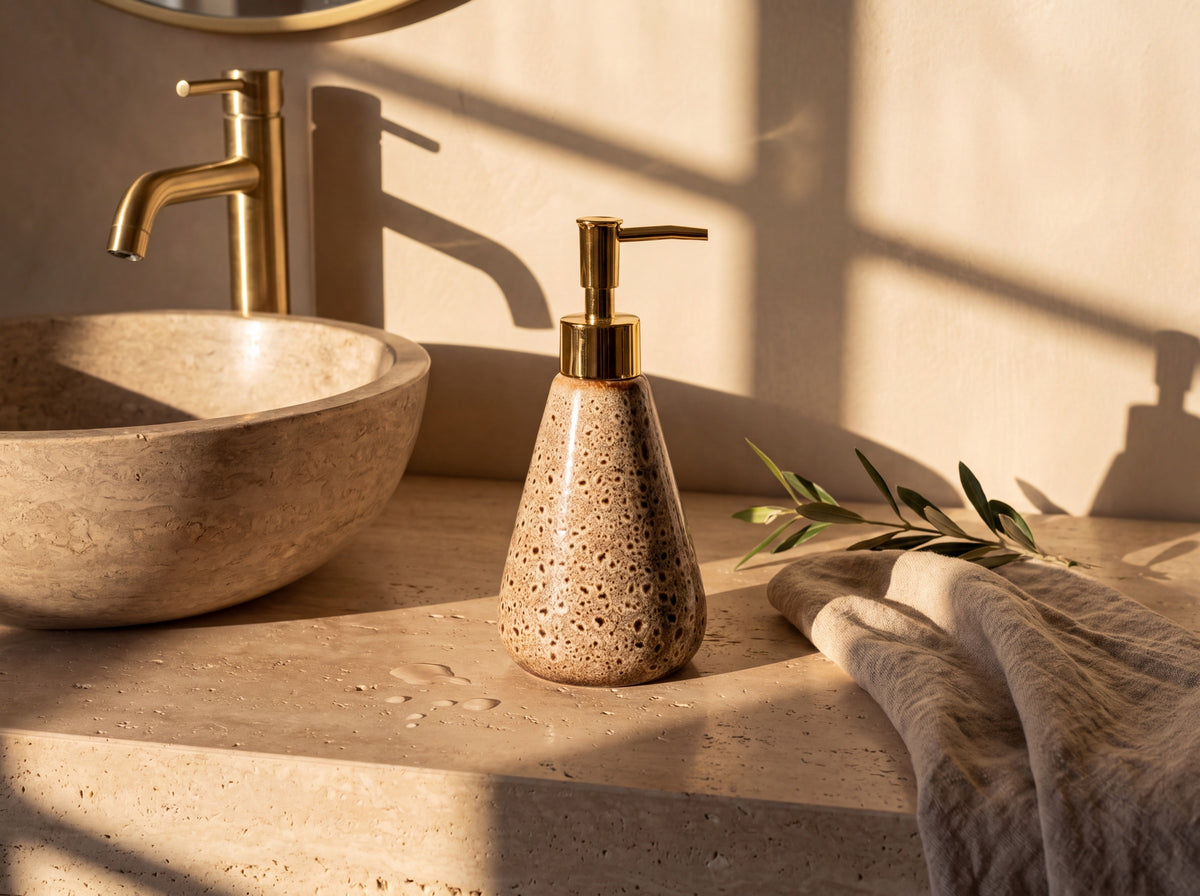 Spotted ceramic soap dispenser beside a stone vessel sink with a brass faucet, linen towel and olive stem.