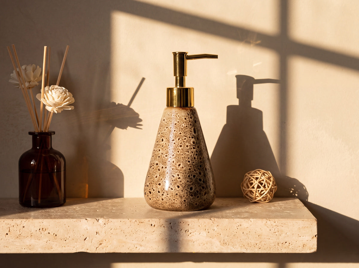 Ceramic soap dispenser styled on a stone shelf with a reed diffuser and a rattan ball.